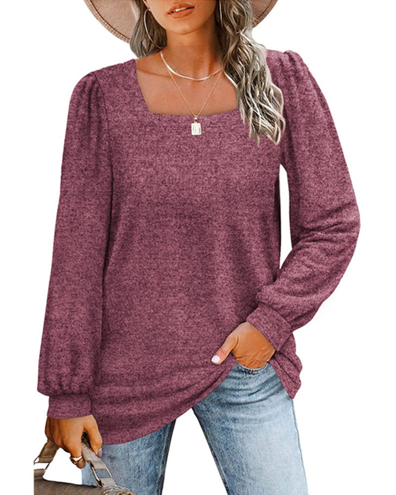 Women's square-neck long-sleeve top with gathered shoulders