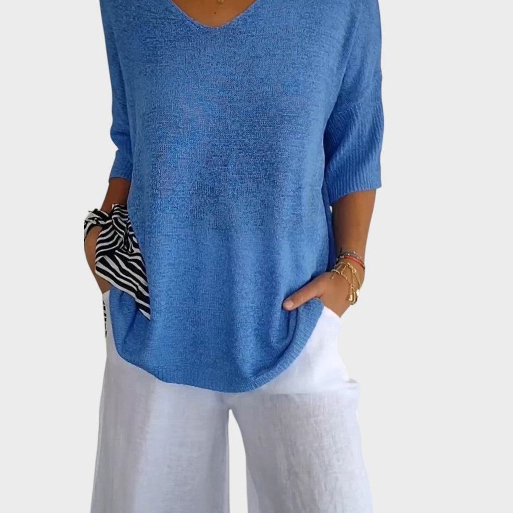 Women's V-neck jumper with three-quarter sleeves and ribbed trims