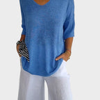 Women's V-neck jumper with three-quarter sleeves and ribbed trims