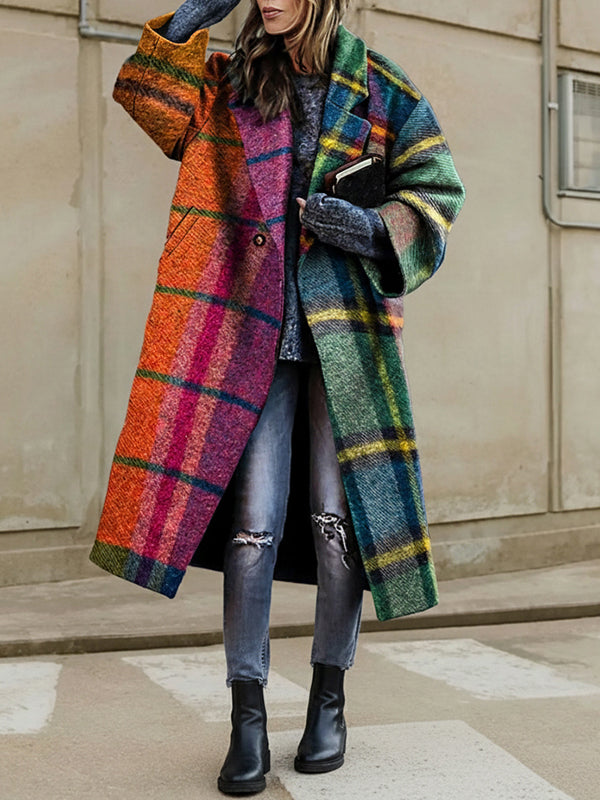 Women's multicolour plaid long coat with lapel collar and buttons