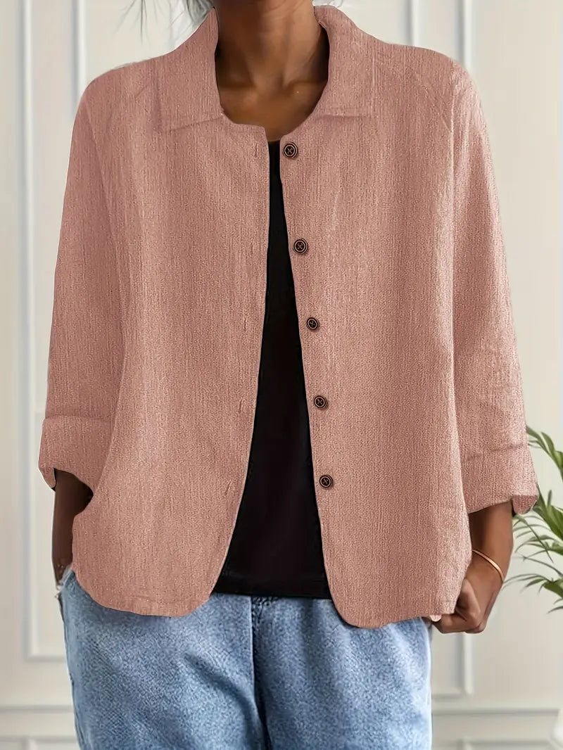 Women's collared shirt-style cardigan with button front and long sleeves