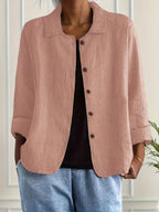 Women's collared shirt-style cardigan with button front and long sleeves