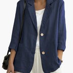 Women's navy blazer with notched lapels and front buttons