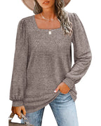 Women's square-neck long-sleeve top with gathered shoulders