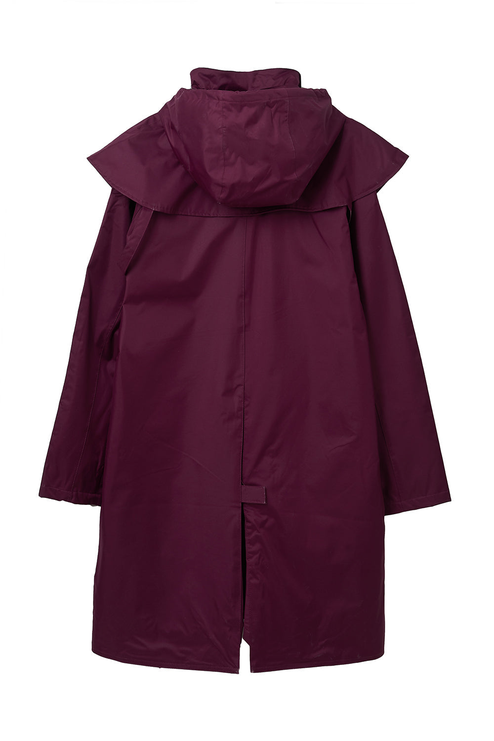 Women's hooded long raincoat with cape overlay and button front