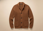 Men's textured knitted buttoned cardigan with shawl-style collar and front patch pockets