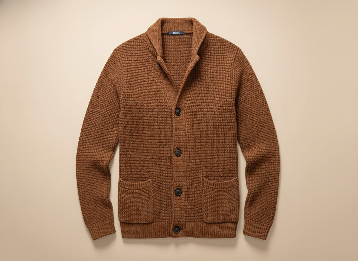 Men's textured knitted buttoned cardigan with shawl-style collar and front patch pockets