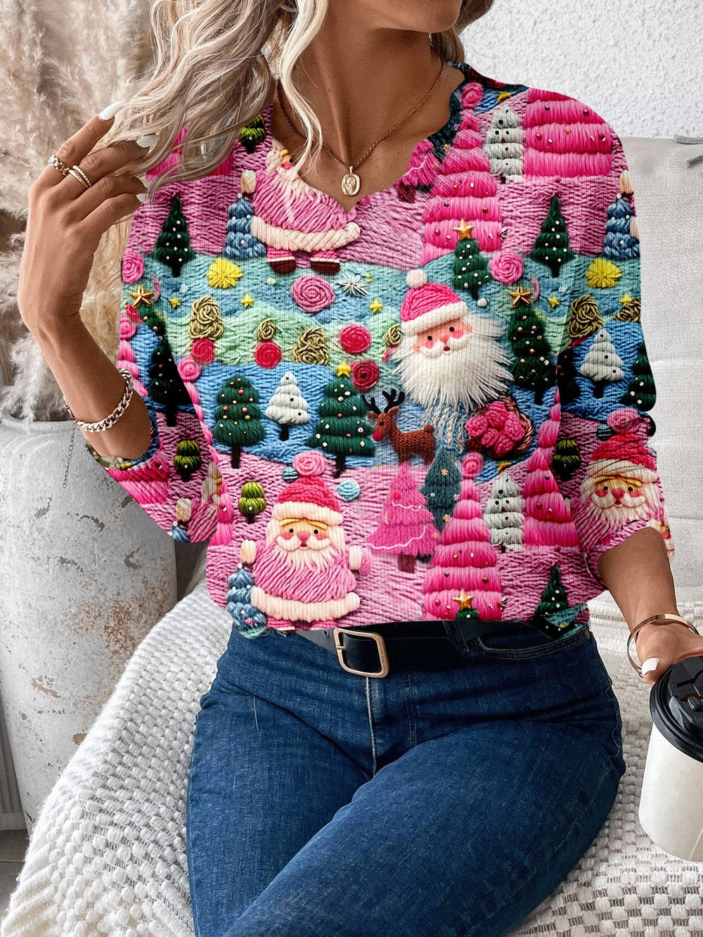 Women's Festive Santa Print Christmas Sweater