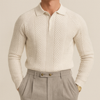 Men's cream textured long-sleeve polo jumper with button placket