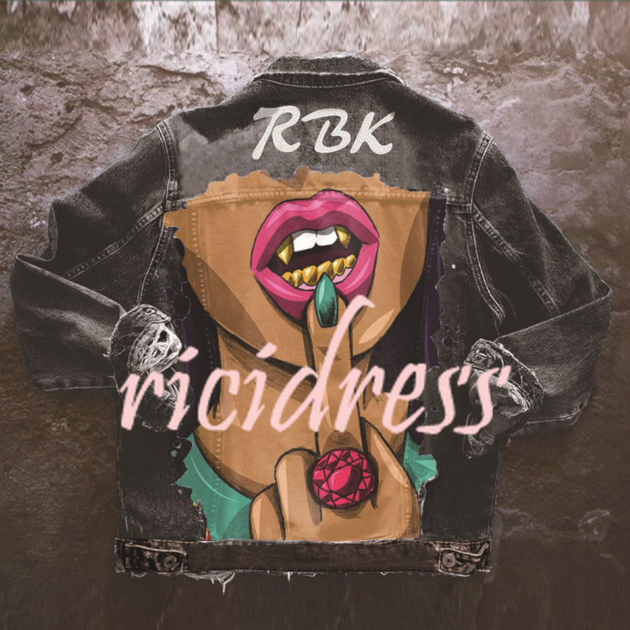 Denim jacket with colourful Halloween graphic on the back