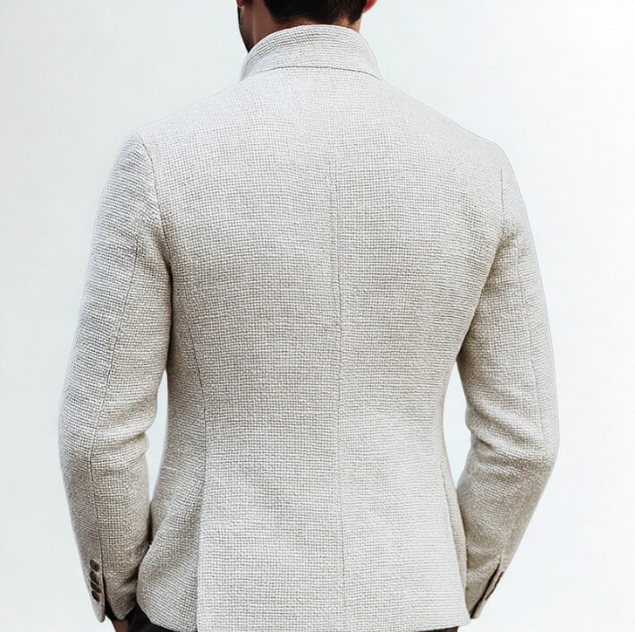 Men's white textured jacket with stand collar and button front
