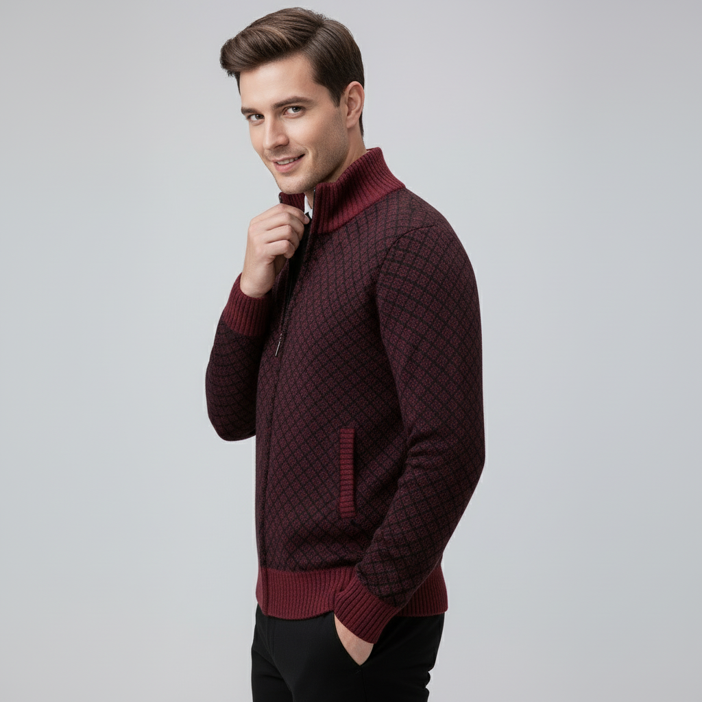 Men's diamond pattern zip-front sweater with stand collar
