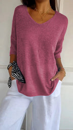 Women's solid-colour knitted V-neck top with long sleeves