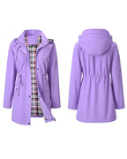 Women's long hooded coat with checked lining, zip front and drawstring waist