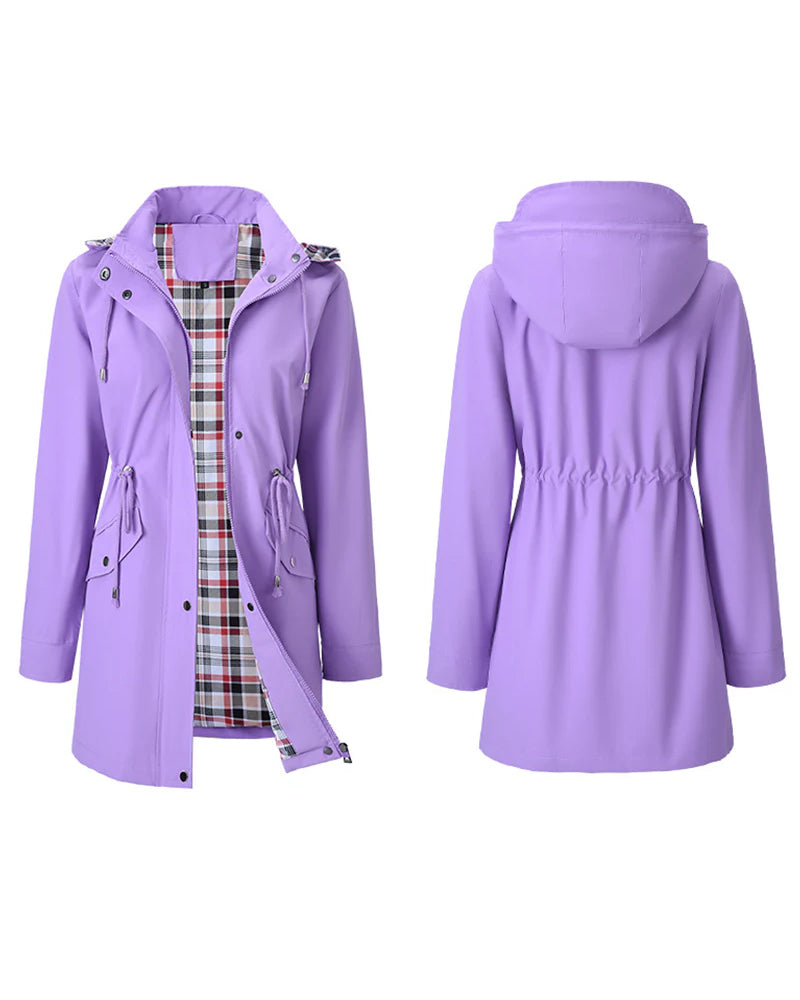 Women's long hooded coat with checked lining, zip front and drawstring waist