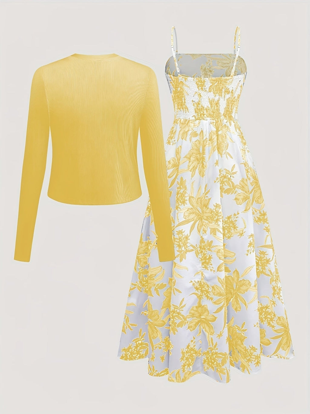 Women's floral midi dress with sweetheart neckline and matching long-sleeve cardigan