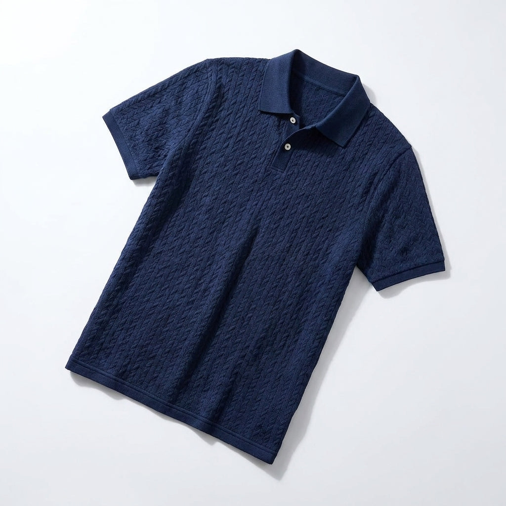 Men's textured cable knit polo shirt with collar and short sleeves