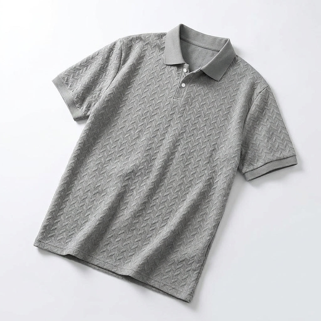 Men's textured cable knit polo shirt with collar and short sleeves