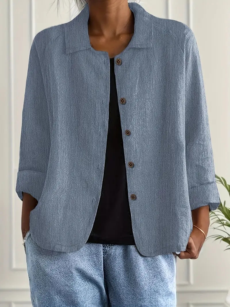 Women's collared shirt-style cardigan with button front and long sleeves