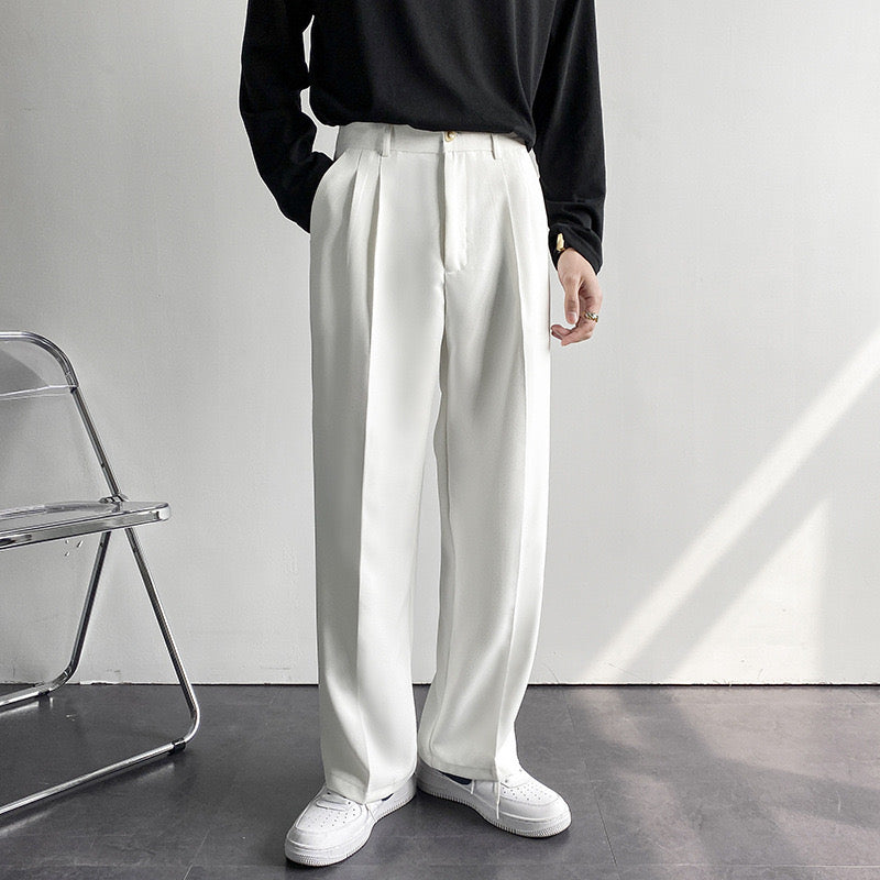 High-waist pleated straight-leg trousers with belt loops