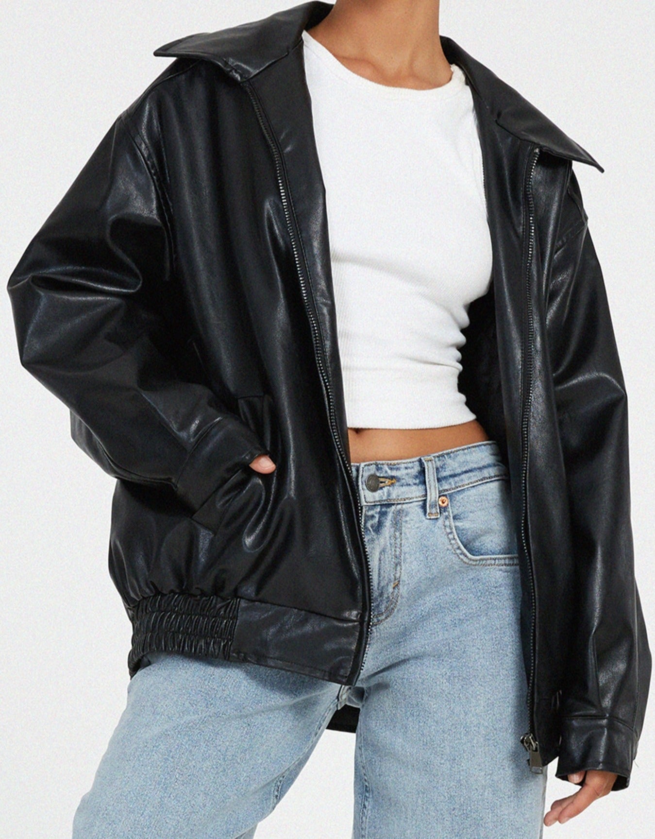 Women's oversized bomber jacket with collared neckline, zip front and elasticated hem