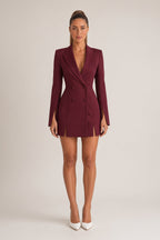 Women's tailored double-breasted blazer mini dress with long sleeves and front splits