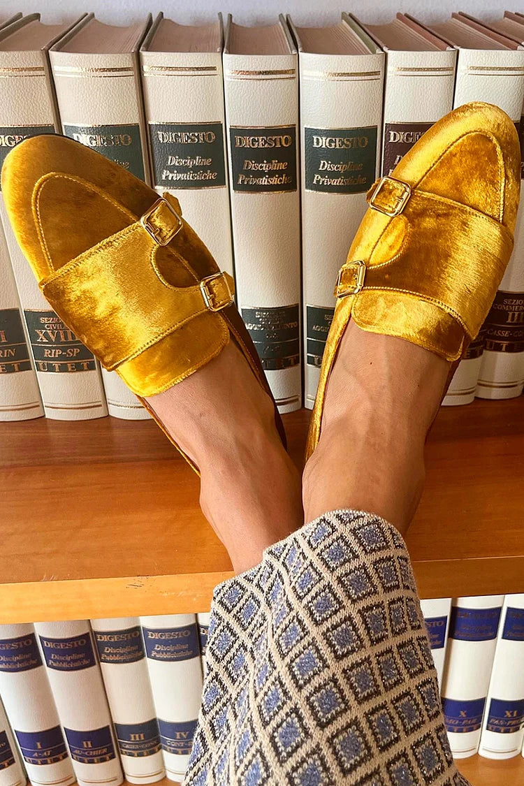 Women's yellow slip-on loafers with two buckle straps and flat soles