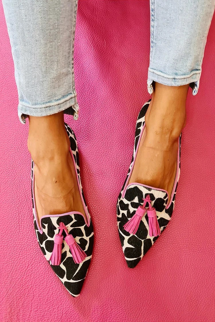 Women's pointed animal print loafers with coloured tassels