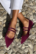 Women's deep purple pointed toe flats with two buckle straps