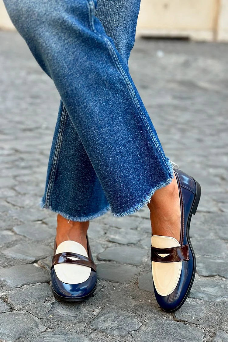 Women's patchwork colourblock loafers with round toes and vamp straps