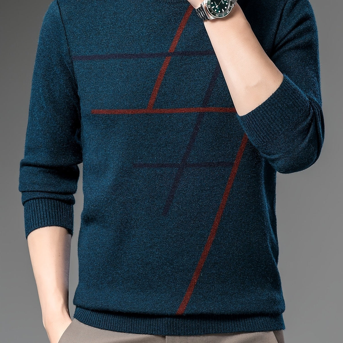 Men's geometric pattern crew-neck jumper with long sleeves