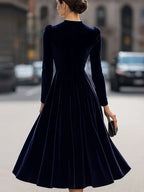 Women's navy long sleeve pleated midi dress