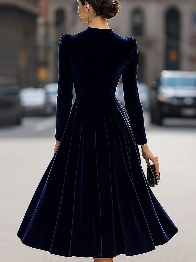 Women's navy long sleeve pleated midi dress