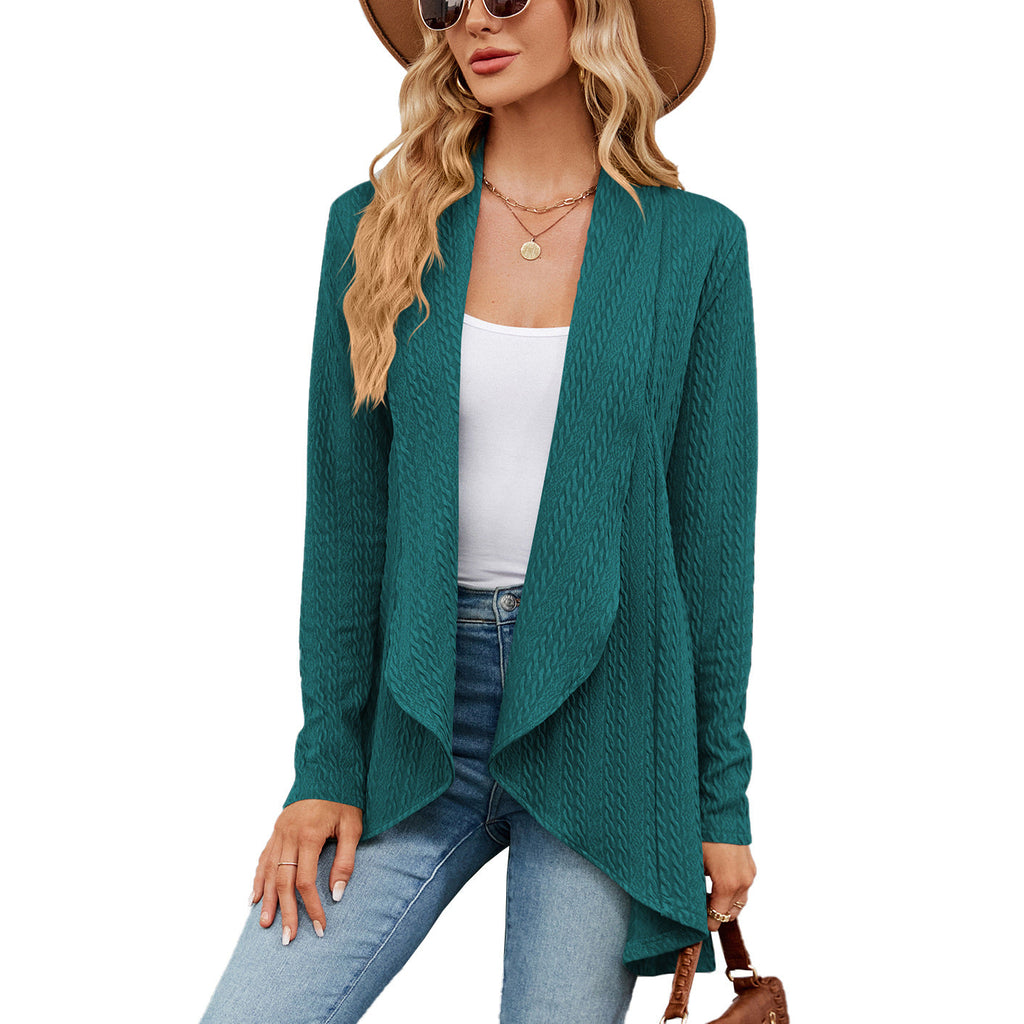 Women's open front textured cable cardigan with long sleeves and draped front panels