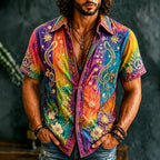 Men's multicolor floral short sleeve shirt with musical note detailing