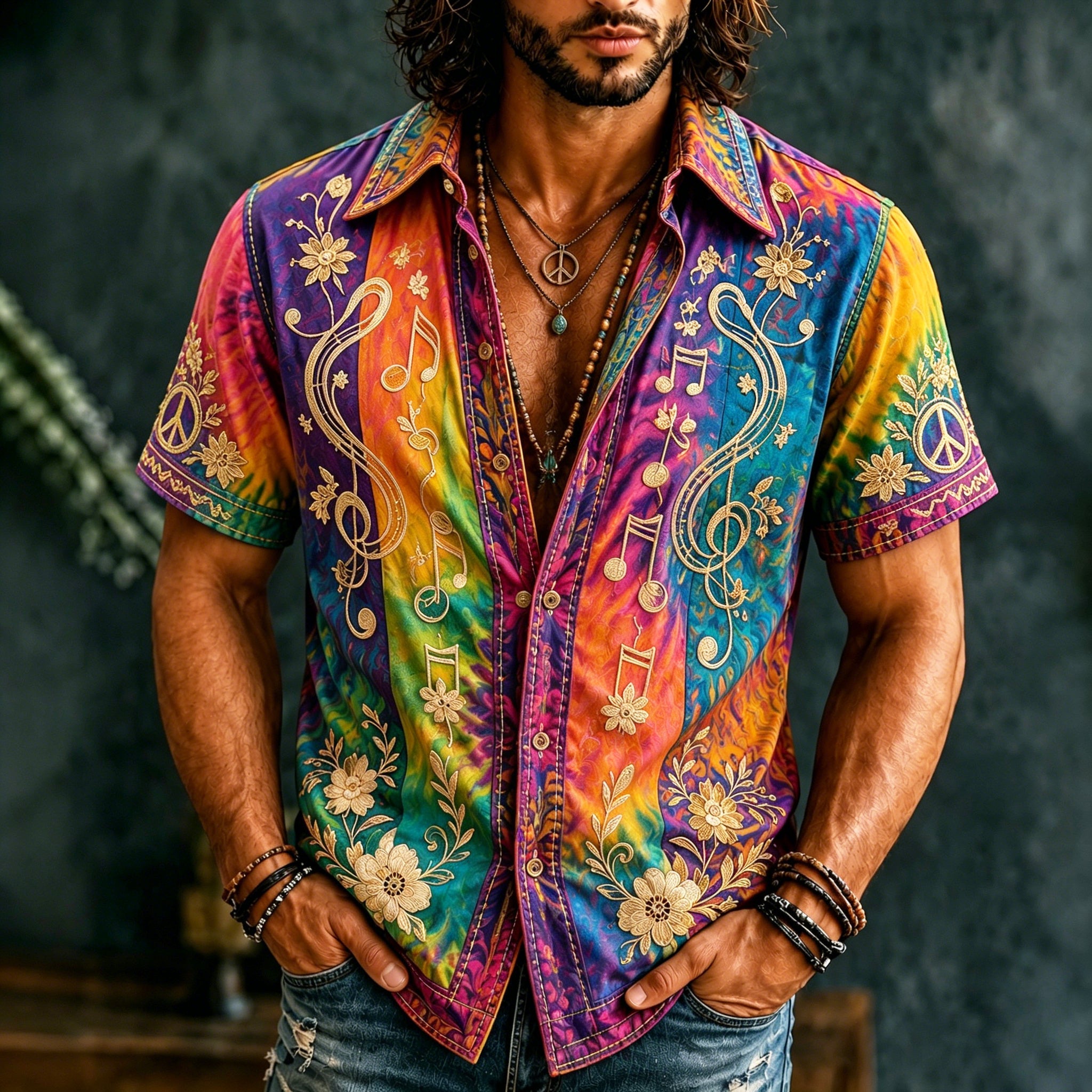 Men's multicolor floral short sleeve shirt with musical note detailing