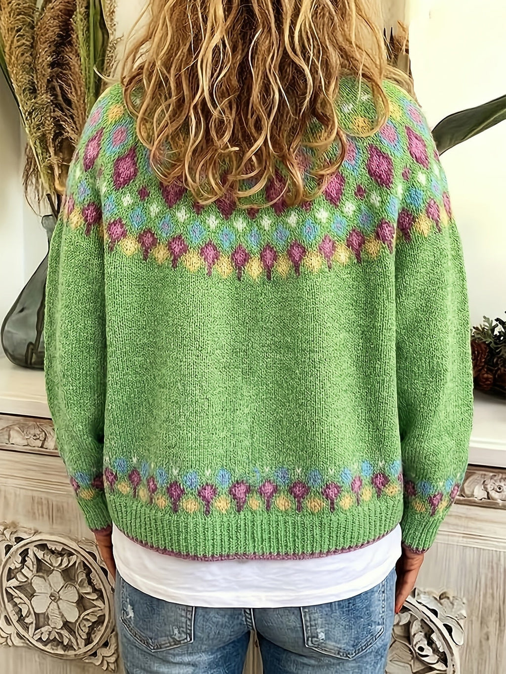 Women's multicoloured knitted cardigan with floral pattern bands and button front