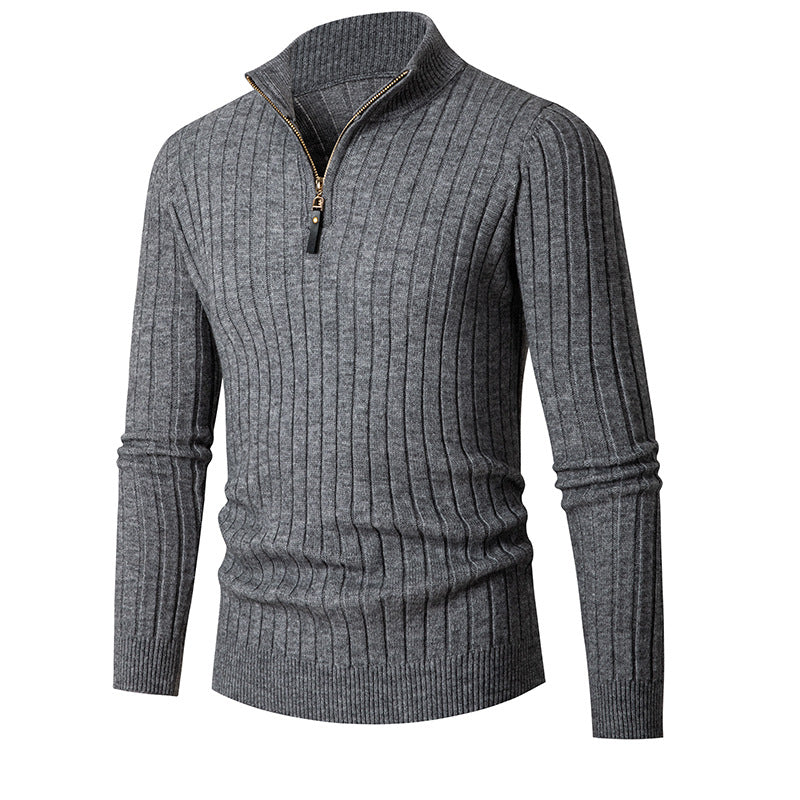 Men's ribbed quarter-zip sweater with stand collar and long sleeves