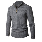 Men's ribbed quarter-zip sweater with stand collar and long sleeves
