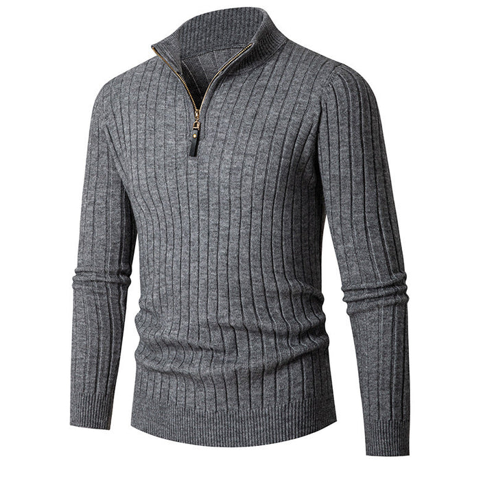 Men's ribbed quarter-zip sweater with stand collar and long sleeves