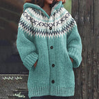Women's Nordic patterned hooded knit cardigan with buttons