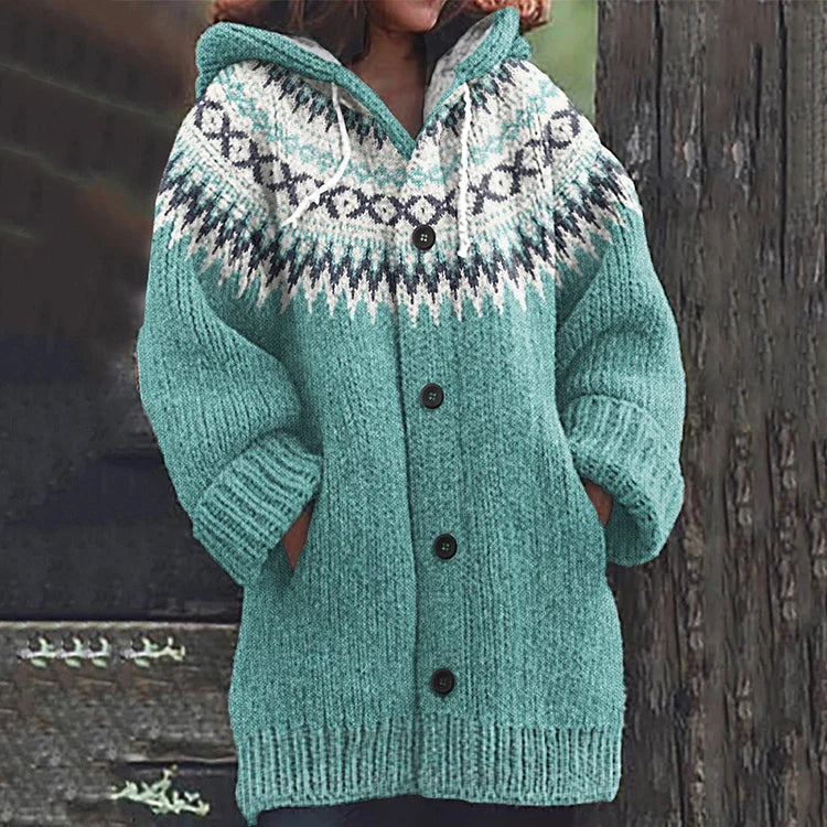 Women's Nordic patterned hooded knit cardigan with buttons