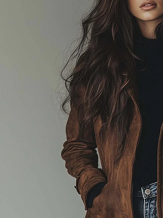Women's long patchwork trench coat with notched collar and button front