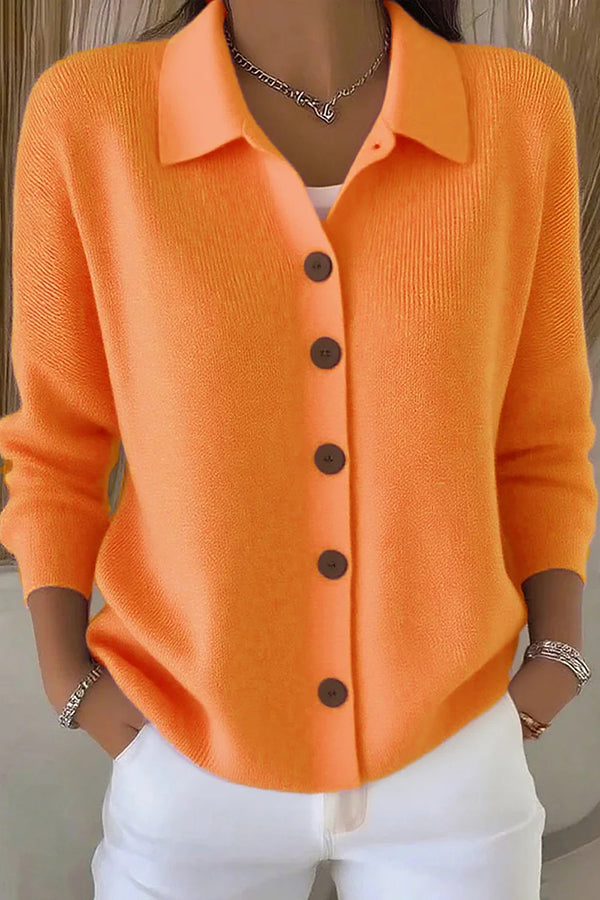 Women's plain knit cardigan with shirt collar, long sleeves and button front