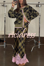 Women's green plaid cardigan with pink trim and buttons