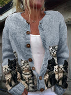 Women's button-front cardigan with a repeated cat print and long sleeves