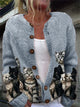 Women's button-front cardigan with a repeated cat print and long sleeves