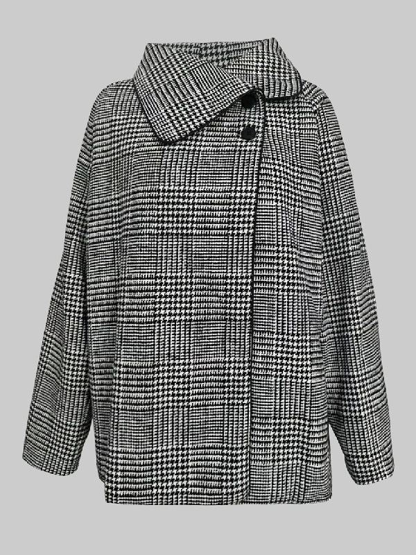 Men's brown houndstooth jacket with stand collar and asymmetric button front