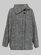 Men's brown houndstooth jacket with stand collar and asymmetric button front