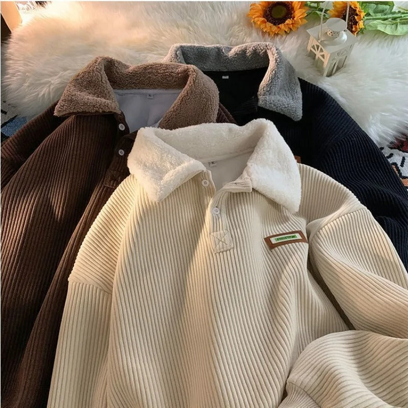 Men's ribbed polo jumper with contrasting fleece collar and button placket